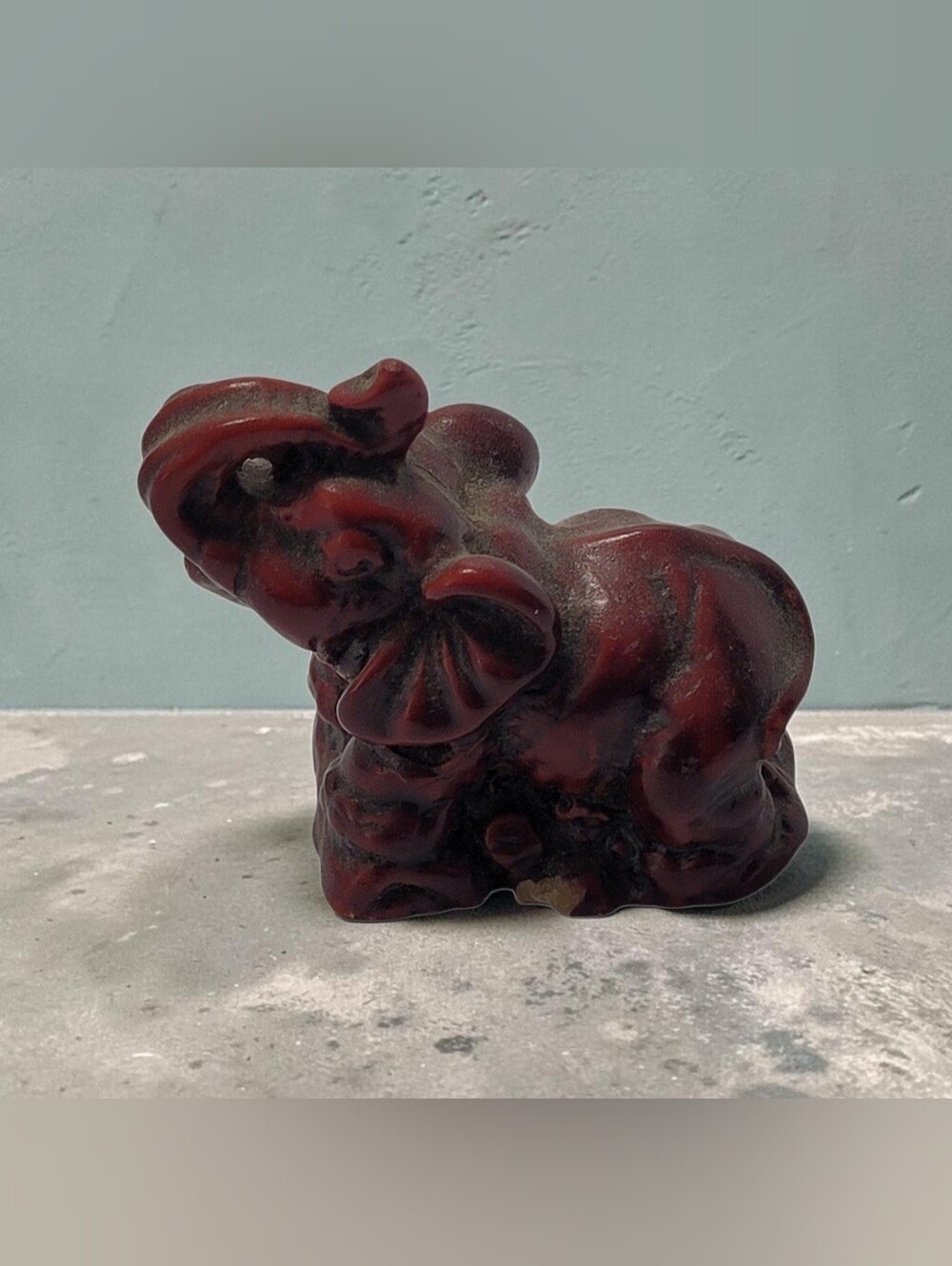 3" Small Red Resin or Faux-Cinnabar Elephant Figurine Trunk Raised W/Small Chip.